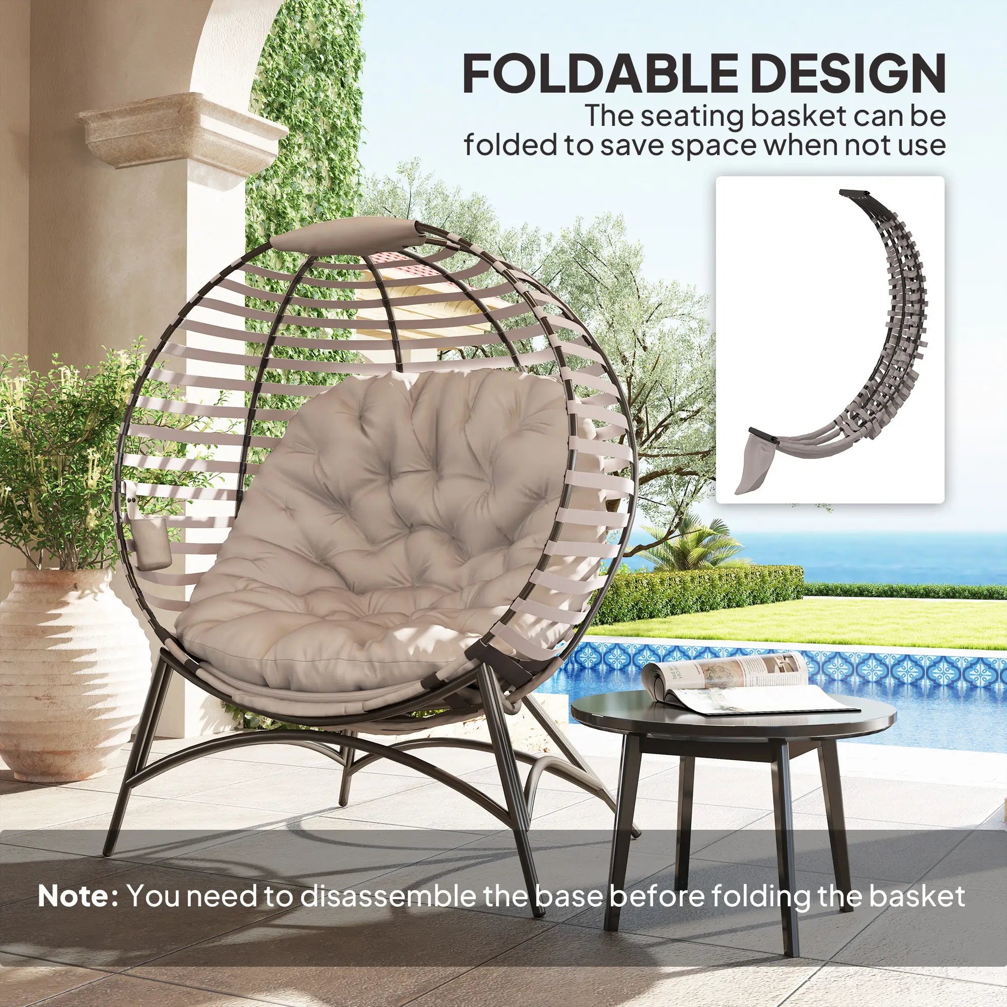 Egg Patio Lounge Chair, Foldable, with Cushion & Pocket, Light Grey, Light Grey Patio Chairs at Gallery Canada