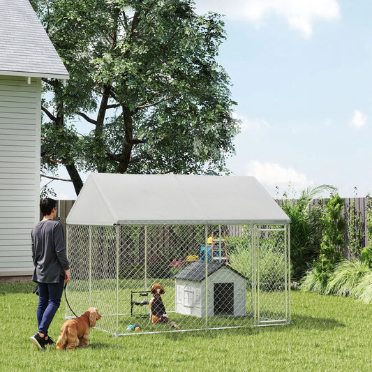 Heavy Duty Galvanized Steel Outdoor Dog Kennel with Waterproof Roof, Safety Lockable Latch System, 9.2' x 7.5' x 7.2' Dog Kennels Silver at Gallery Canada