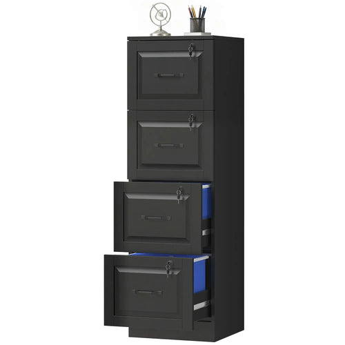 4 Drawer File Cabinet With Lock, Adjustable Hanging Bars, Black