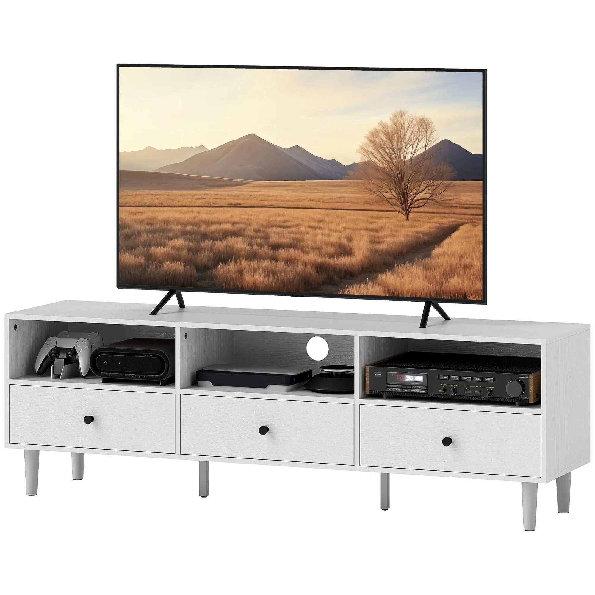 TV Stand for 75 Inches, 3 Storage Shelves, 3 Drawers, White TV Stands White at Gallery Canada