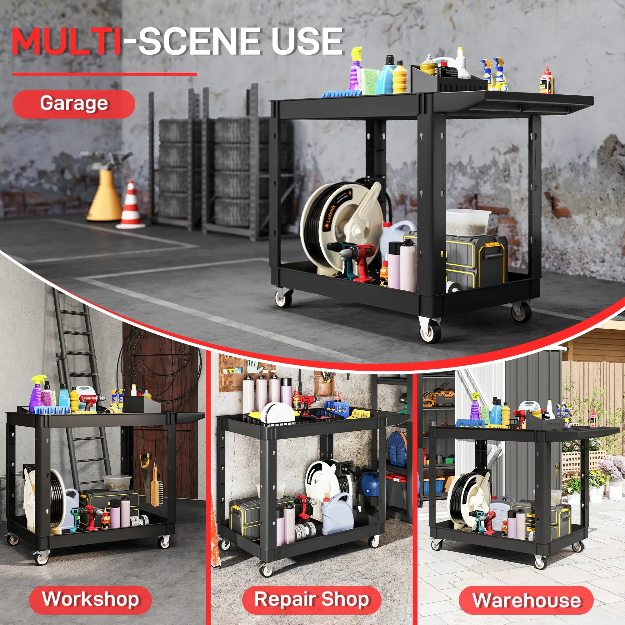 2-Tier Rolling Tool Cart, 500 LBS Capacity Plastic Utility Cart, Black Tool Organizers at Gallery Canada
