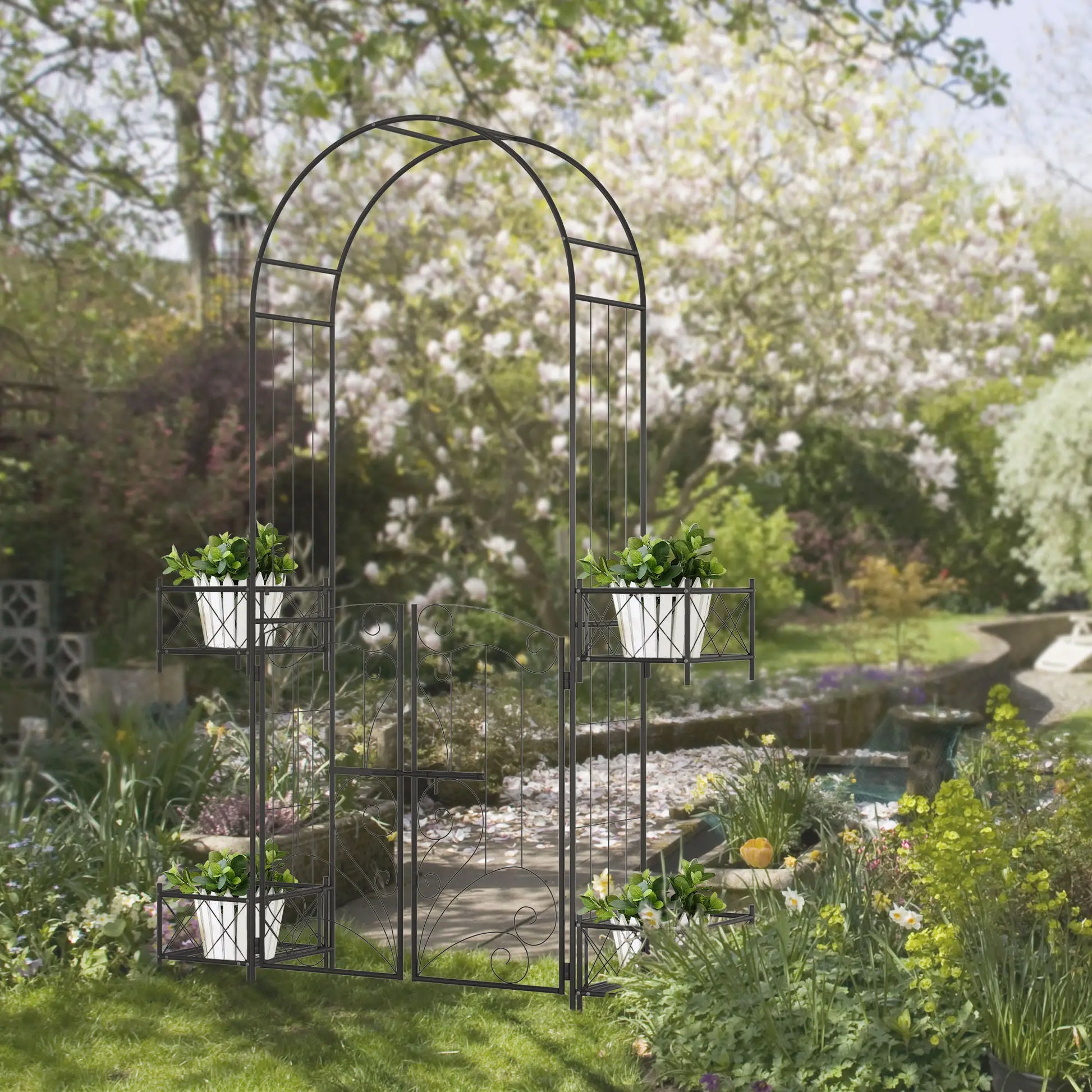 7.1FT Metal Garden Arch with Gate, 4 Planter Boxes, Black Garden Arches at Gallery Canada