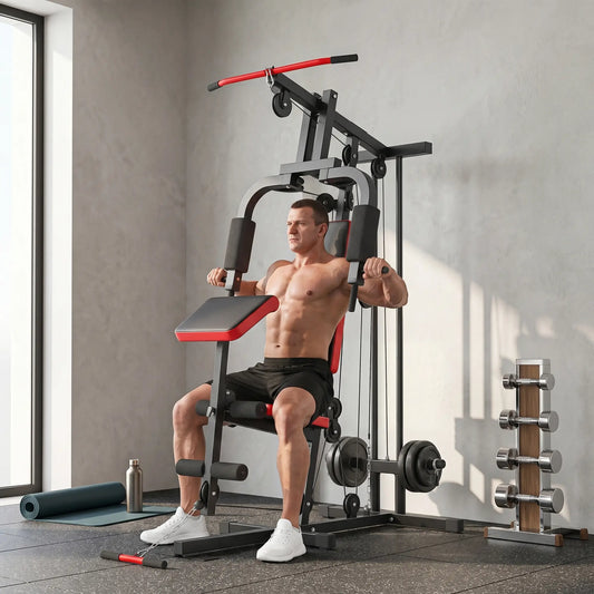 Home Gym Equipment, Multifunctional Weight Machine with Pulley System for Full Body Strength Training, Black Power Towers Black, Red at Gallery Canada