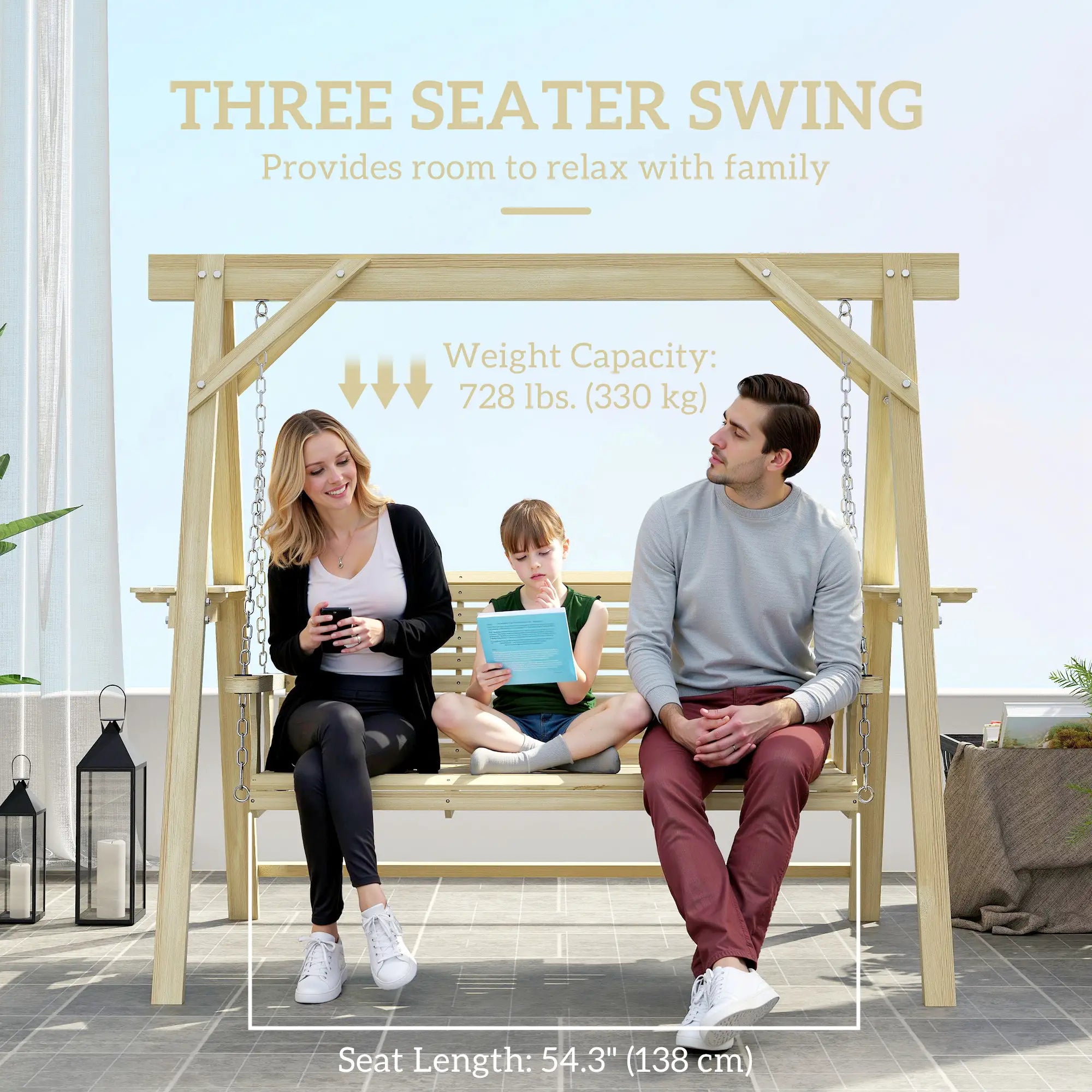 3 Seat Wooden Porch Swing With Stand, Natural Wood Patio Swings with Stand at Gallery Canada