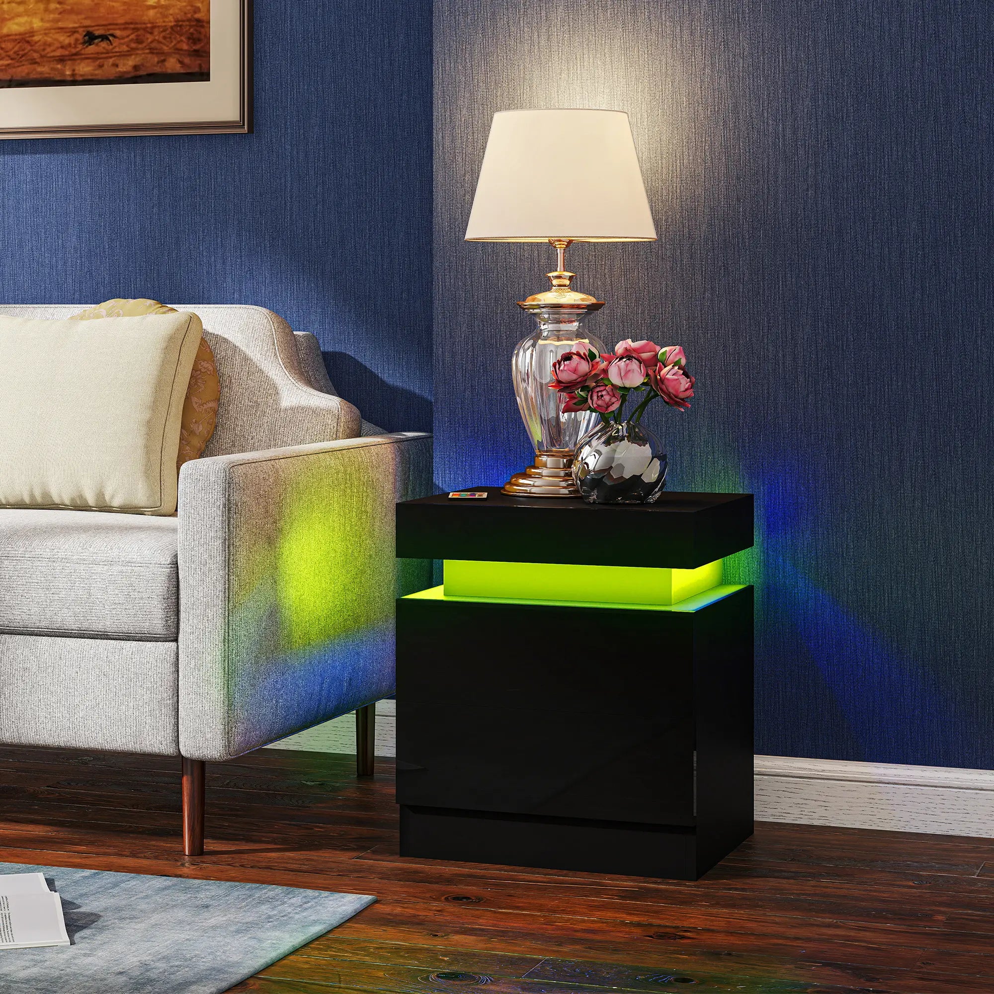 Nightstand Set of 2, End Tables with LED Lights, 2 Drawers, Black Bedside Tables at Gallery Canada
