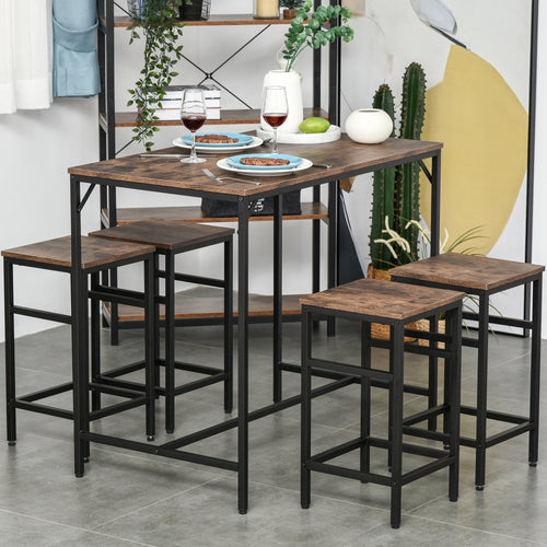 5 Pieces Industrial Rectangular Bar Table Set, Dining Table Set Breakfast Table with 4 Stools for Dining Room, Kitchen, Dinette, Rustic Brown
