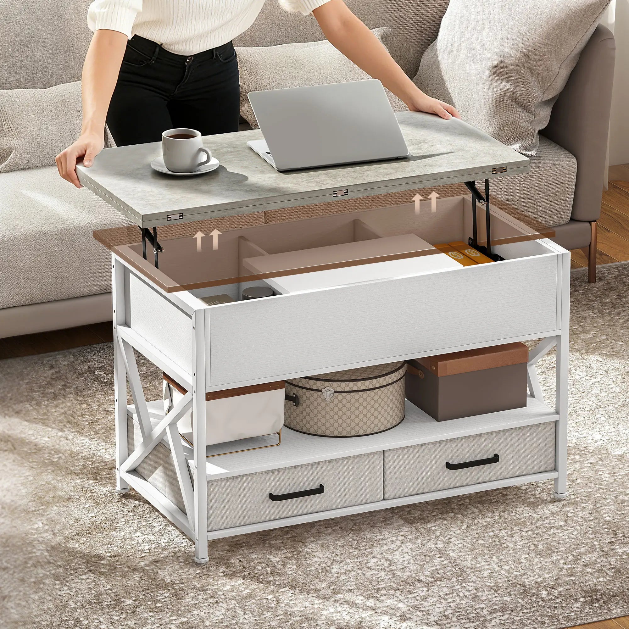 Modern Coffee Table, Lift Top with Fabric Drawers, Hidden Storage, Cement Grey Coffee Tables at Gallery Canada