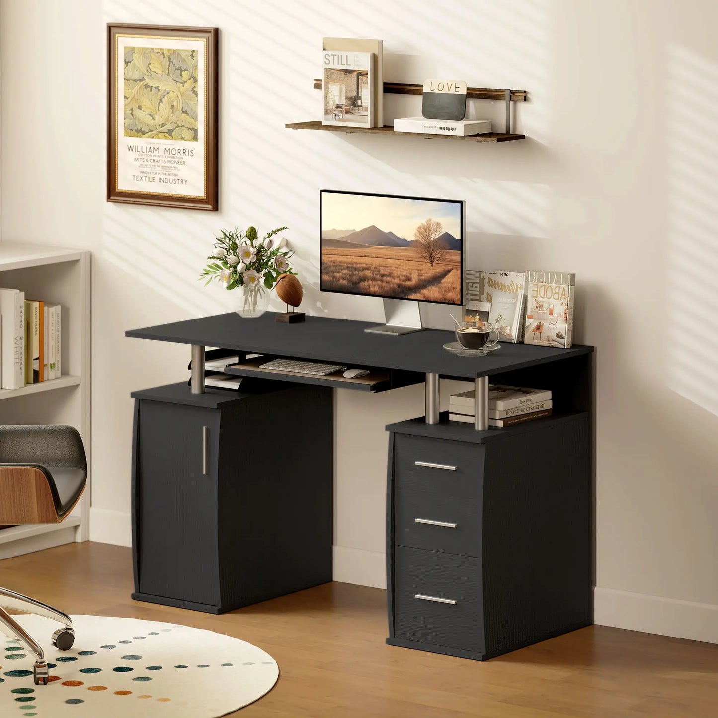 47" Computer Desk with Keyboard Tray, Storage Drawers, Black Computer Desks at Gallery Canada