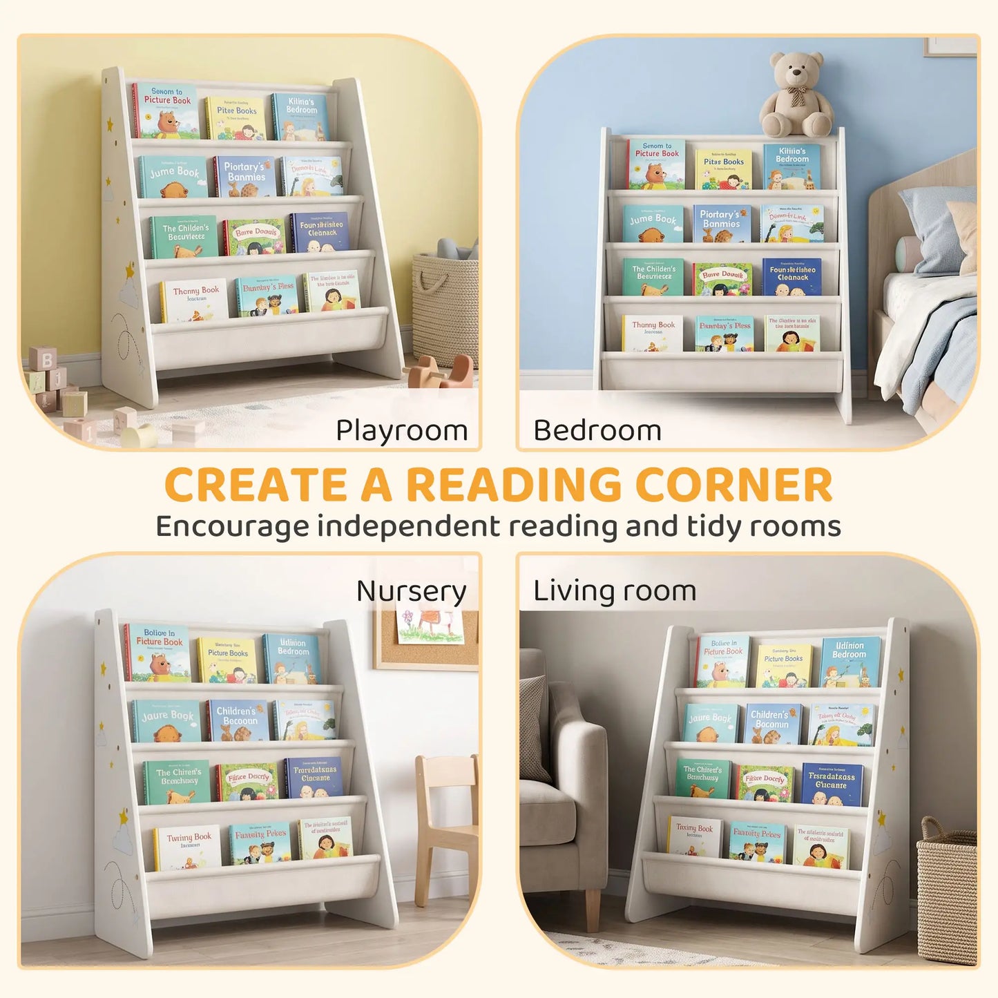 Fabric Kids Bookshelf, 4-Tier Toddler Sling Book Rack, White