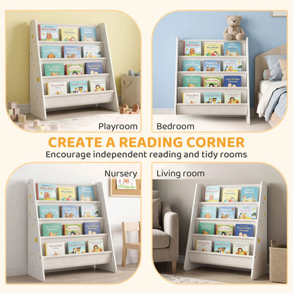 Fabric Kids Bookshelf, 4-Tier Toddler Sling Book Rack, White