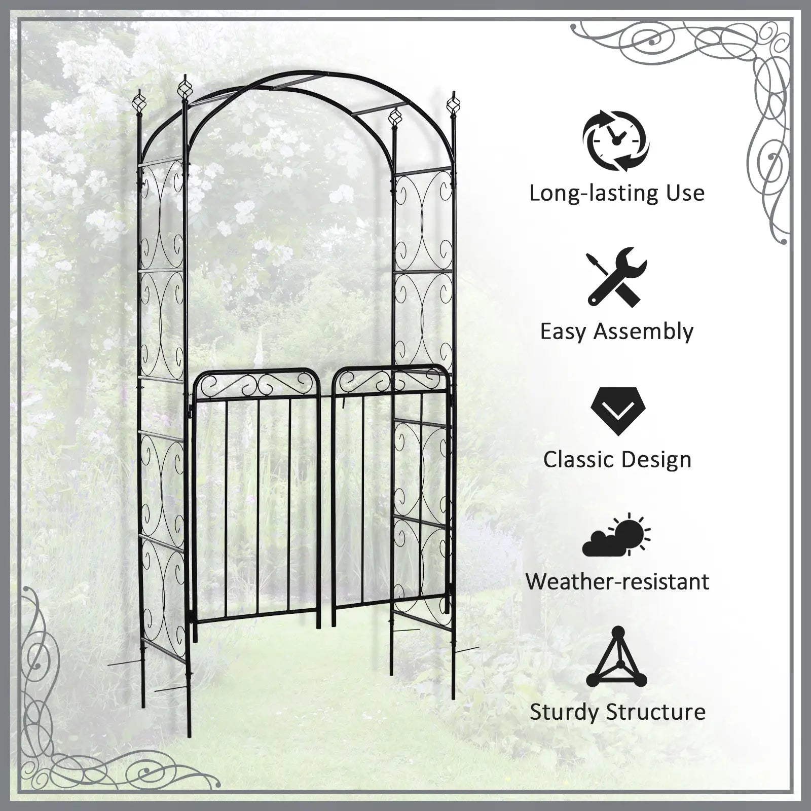 7' Metal Garden Arbor Arch, Scrollwork Doors, for Ceremony, Weddings Garden Arches at Gallery Canada