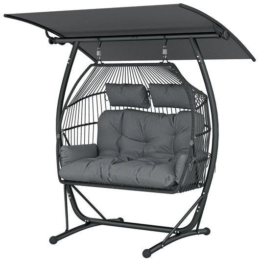 Hanging Double Egg Chair with Canopy, Cushion, Stand, Dark Grey Patio Swings with Stand Grey, Dark Grey at Gallery Canada