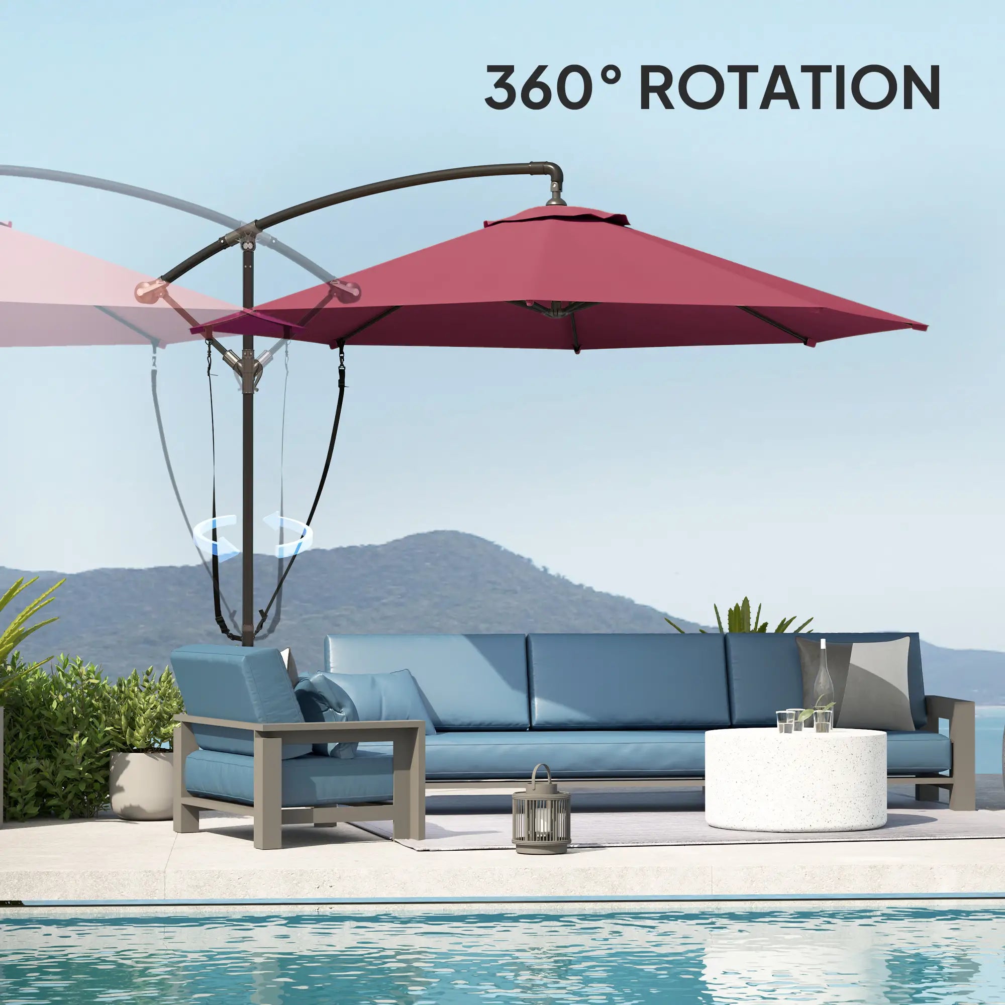 9.5' Cantilever Umbrella, Wind Protection, Crank, Cross Base, UPF 50+, Red Offset Cantilever Umbrellas at Gallery Canada