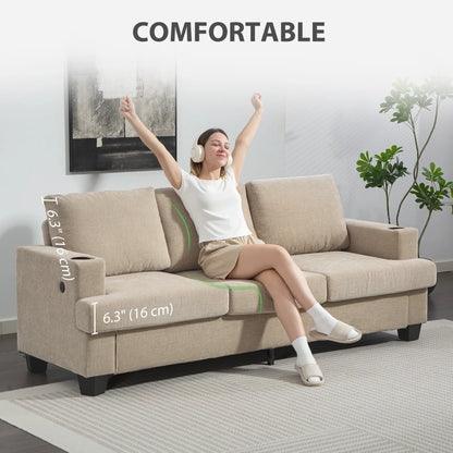 3 Seater Sofa with USB Ports, Cup Holders, Chenille Upholstery, Light Brown 3-Seater Sofas at Gallery Canada