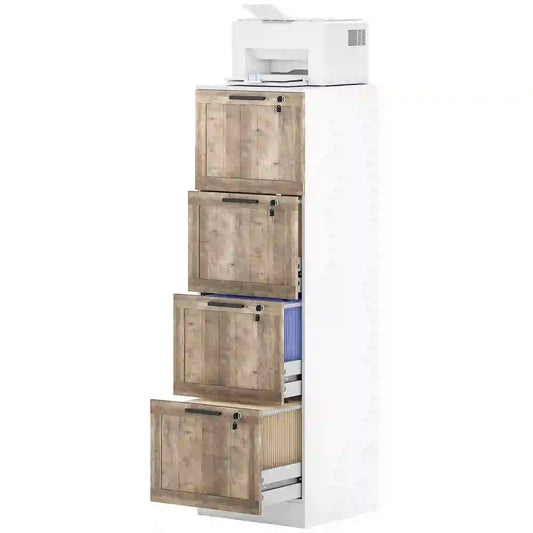 4 Drawer Filing Cabinet, Farmhouse Style, Adjustable Hanging Rails, White Office Cabinets & Cupboards White, Brown Wood Grain at Gallery Canada