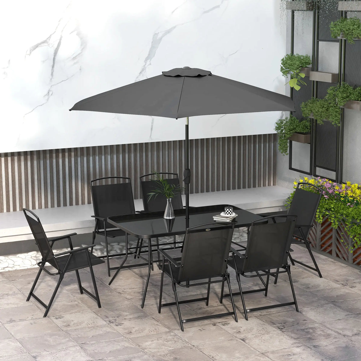 Ensemble de patio de 8 pièces, 6 chaises pliantes, table rectangulaire, salle à manger extérieure, noir