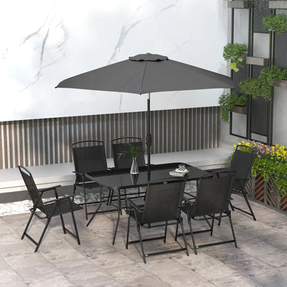 Ensemble de patio de 8 pièces, 6 chaises pliantes, table rectangulaire, salle à manger extérieure, noir