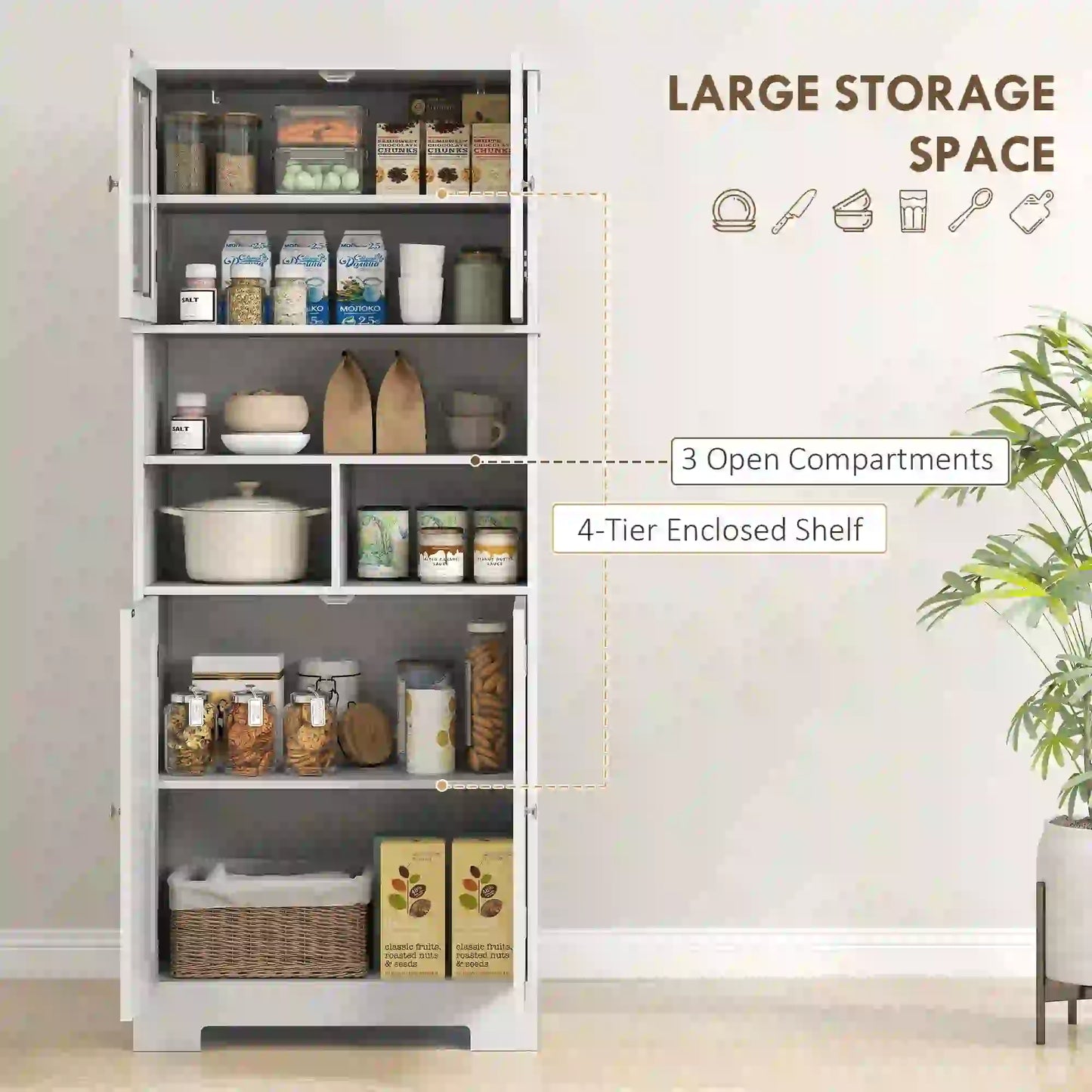 57" Kitchen Pantry, Freestanding Cabinet, Glass Doors, Adjustable Shelves, White Kitchen Pantry Cabinets at Gallery Canada