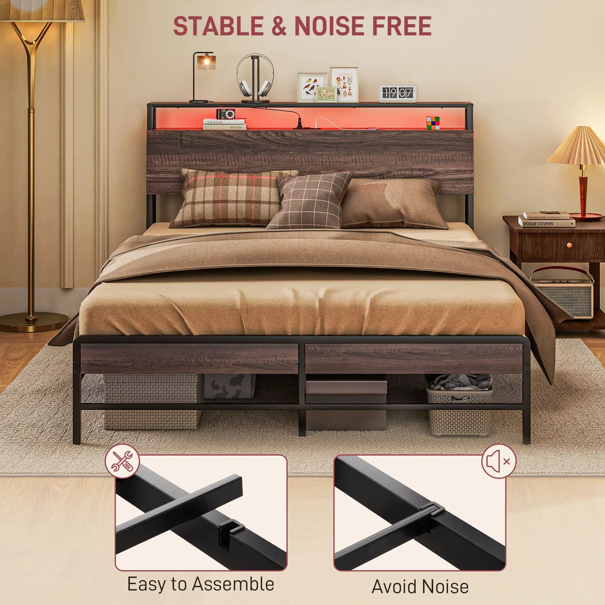 Queen Size Bed Frame with LED Lights, Charging Station, Storage Headboard, Walnut Bedroom Furniture at Gallery Canada