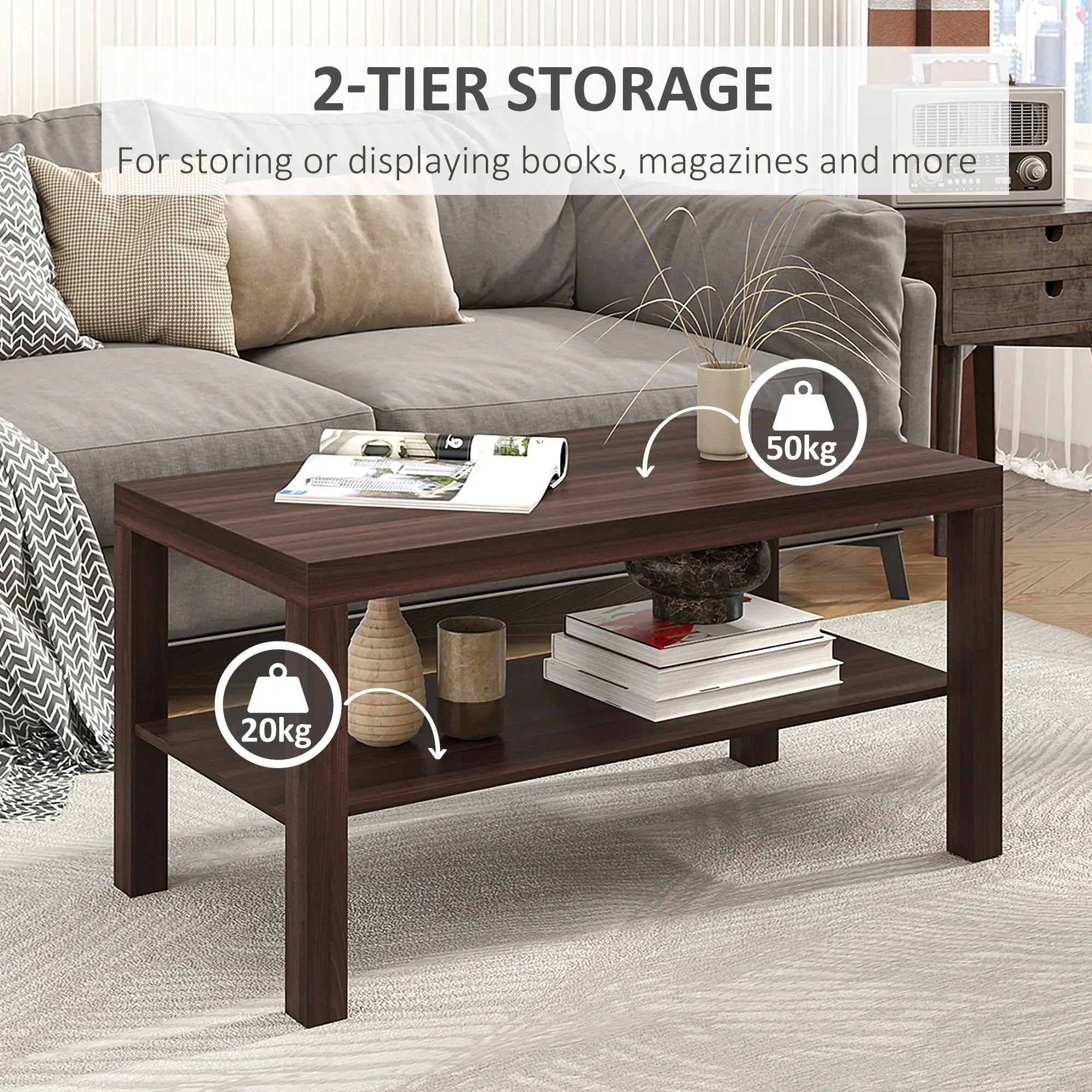 2 Tier Coffee Table with Storage Shelf, Rectangular Center Table for Living Room, Home Office Furniture Walnut Coffee Tables at Gallery Canada