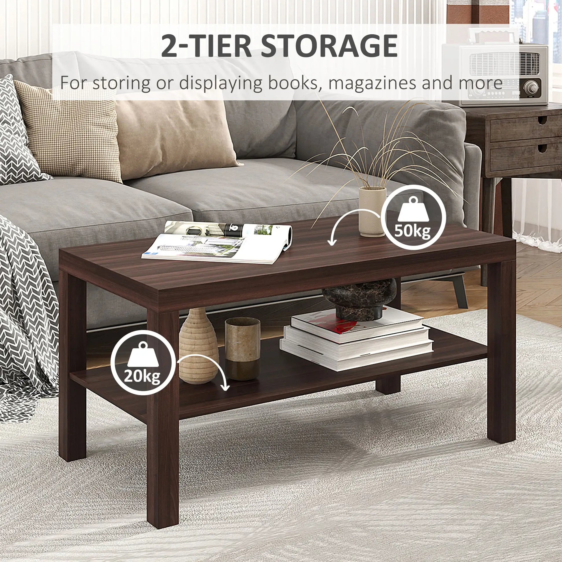 2 Tier Coffee Table with Storage Shelf, Rectangular Center Table for Living Room, Home Office Furniture Walnut Coffee Tables at Gallery Canada