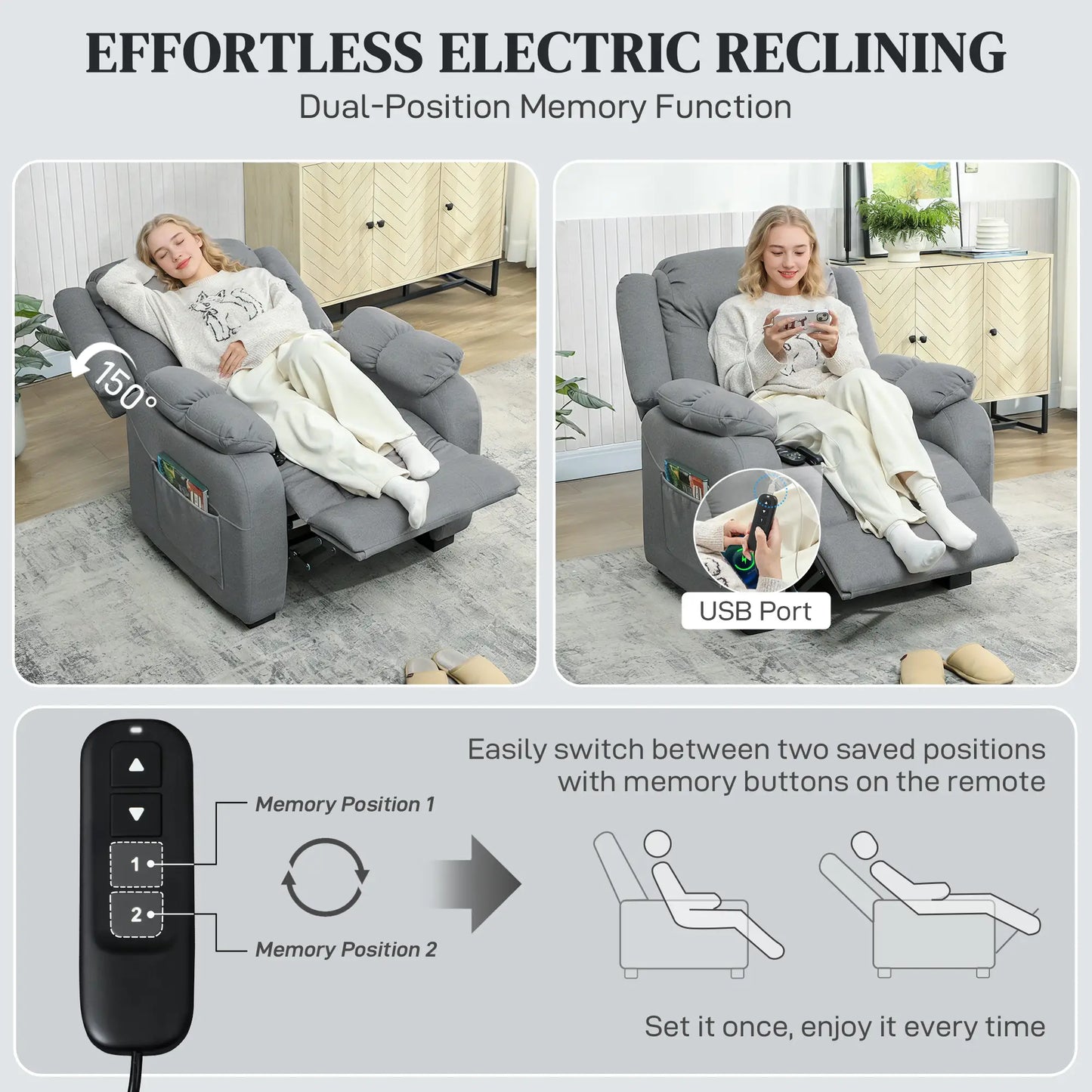 Massage Recliner Chair, Quiet Brushless Motor, Pet-Friendly Fabric, 2 Memory Positions, Grey Single Sofas at Gallery Canada