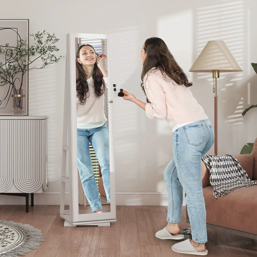 360° Swivel Jewelry Armoire, Lockable Mirror Cabinet, White