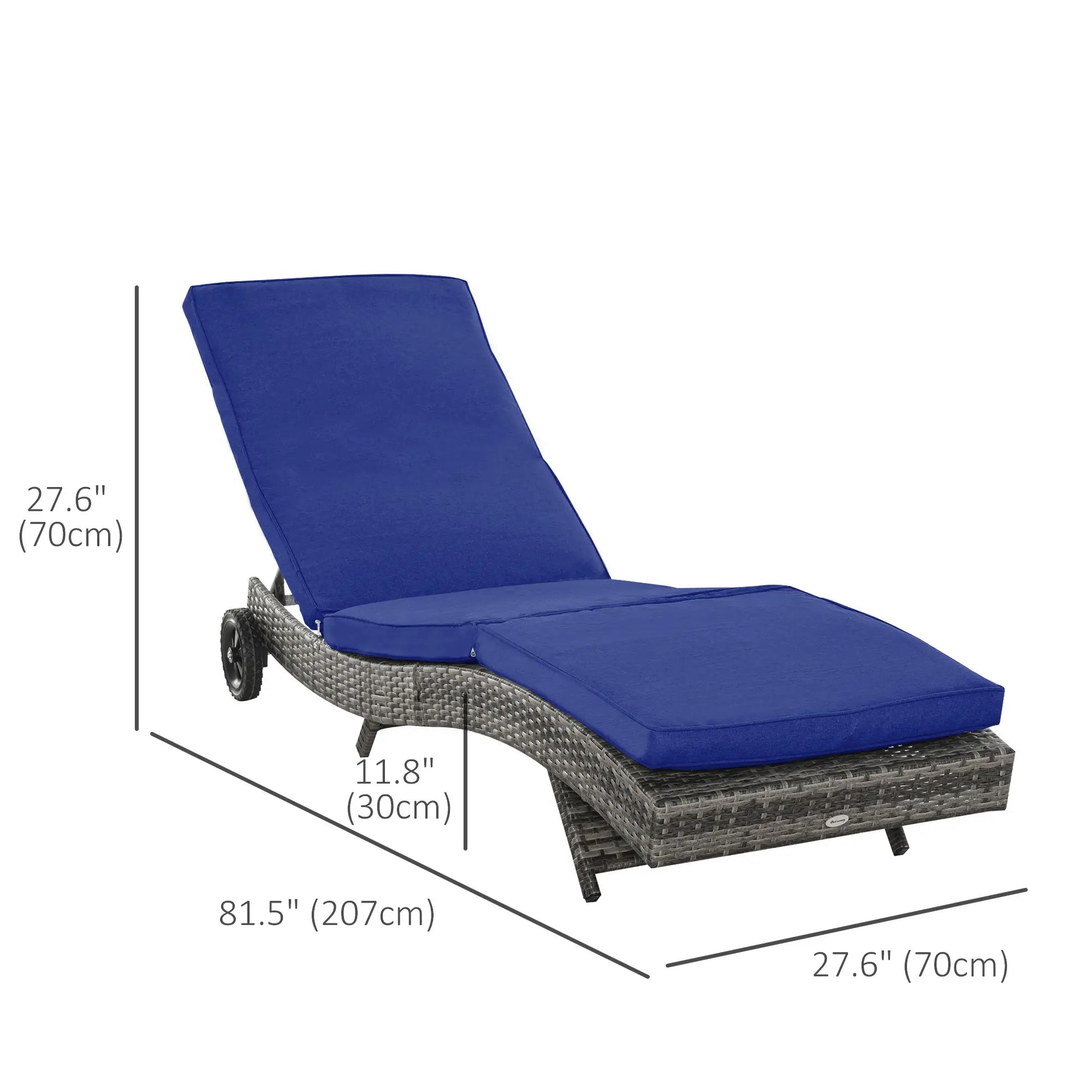 Adjustable Wicker Chaise Lounge with Cushion, Wheels, Dark Blue Chaise Loungers at Gallery Canada
