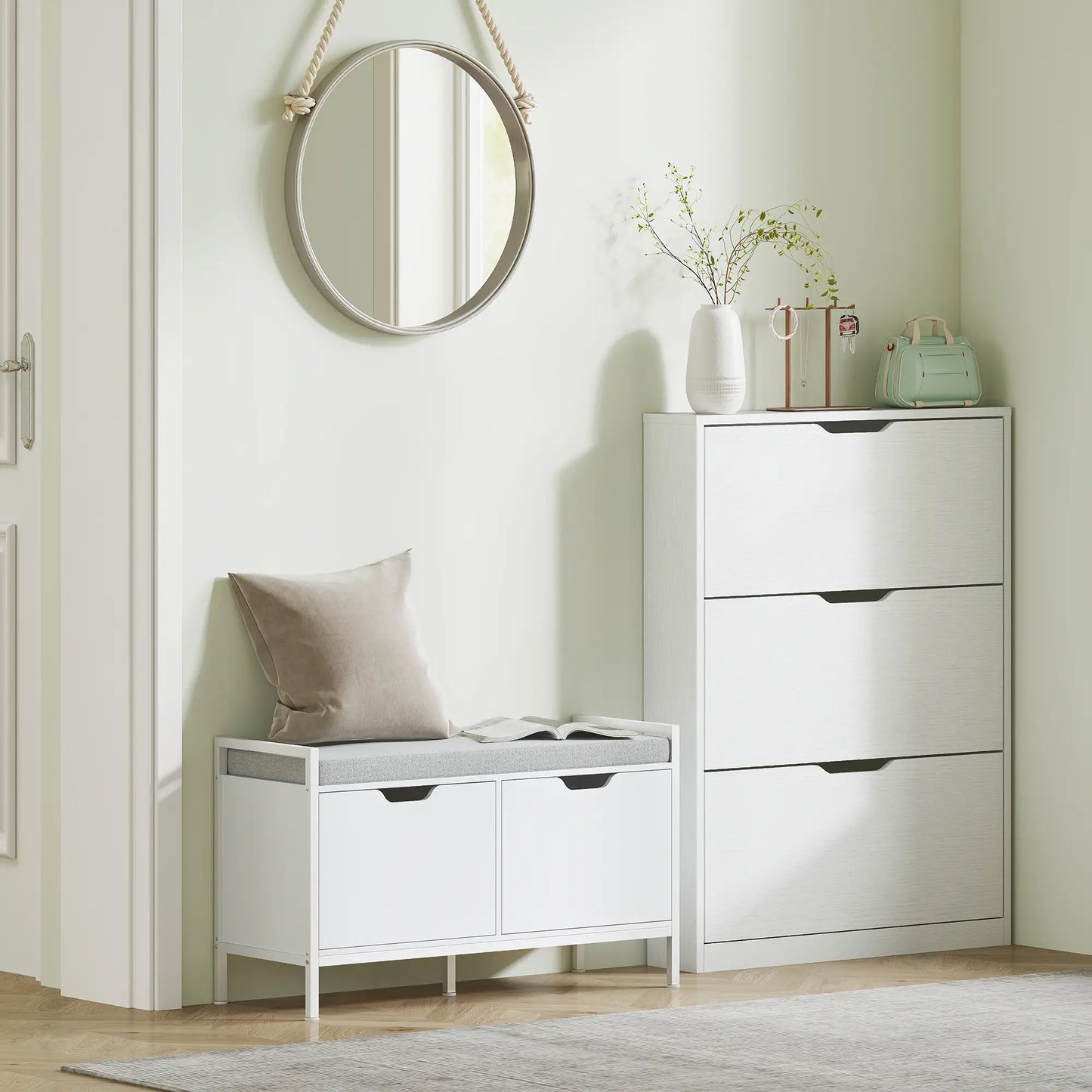 Narrow Shoe Cabinet 3 Flip Drawers, 31.5"W x 6.7"D x 42.5"H, White Shoe Storage Cabinets & Racks at Gallery Canada