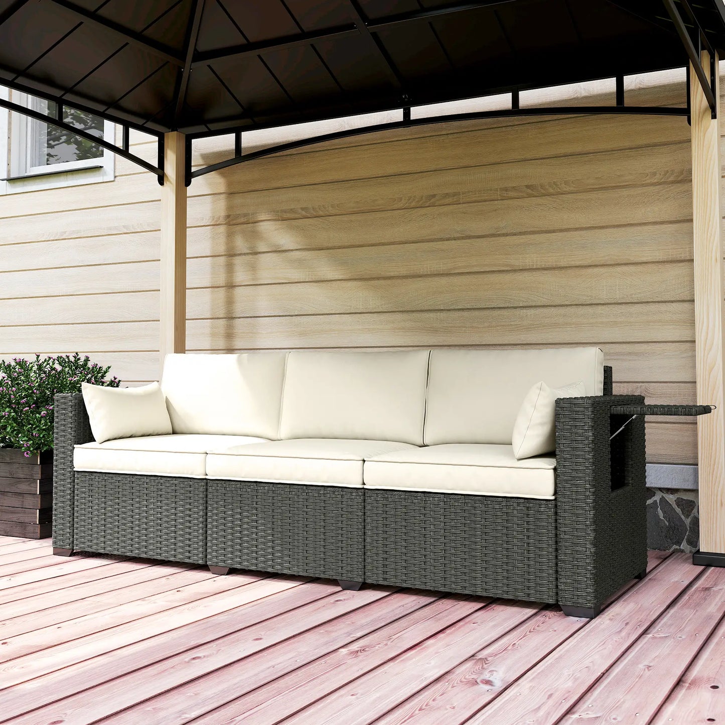 3 Seater Wicker Patio Sofa, 6" Thick Cushions, Cream White Patio Furniture Sets at Gallery Canada
