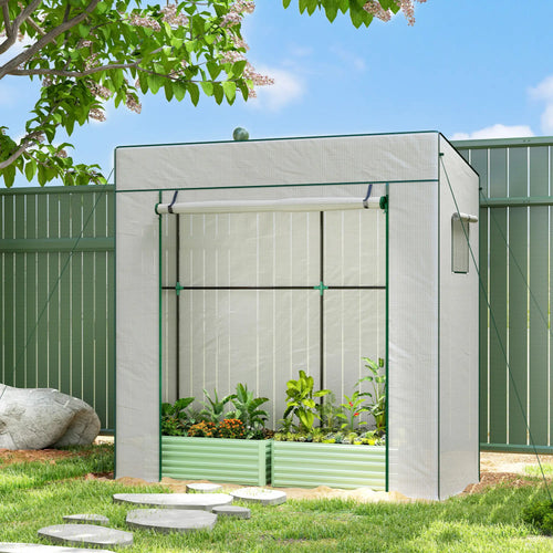 Walk-In Tomato Greenhouse, Lean-To, Reinforced PE Cover, Roll-Up Door, Mesh Windows, White