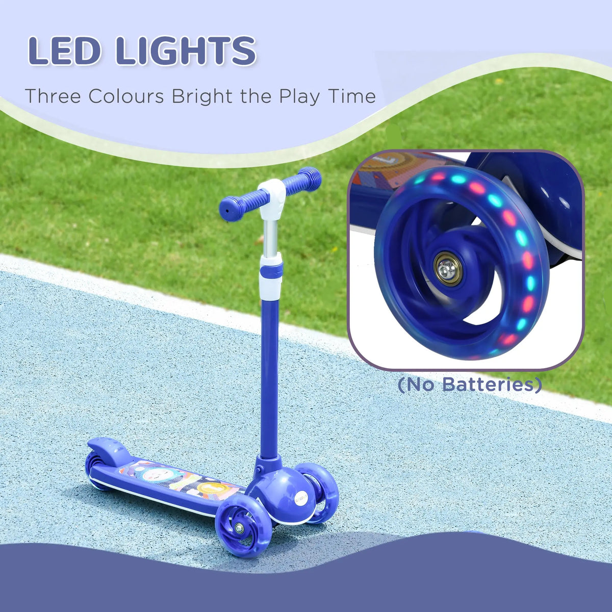 Trottinette pour enfants à 3 roues, hauteur ajustable, frein à arrière, lumière LED, guidon en TPE, bleu