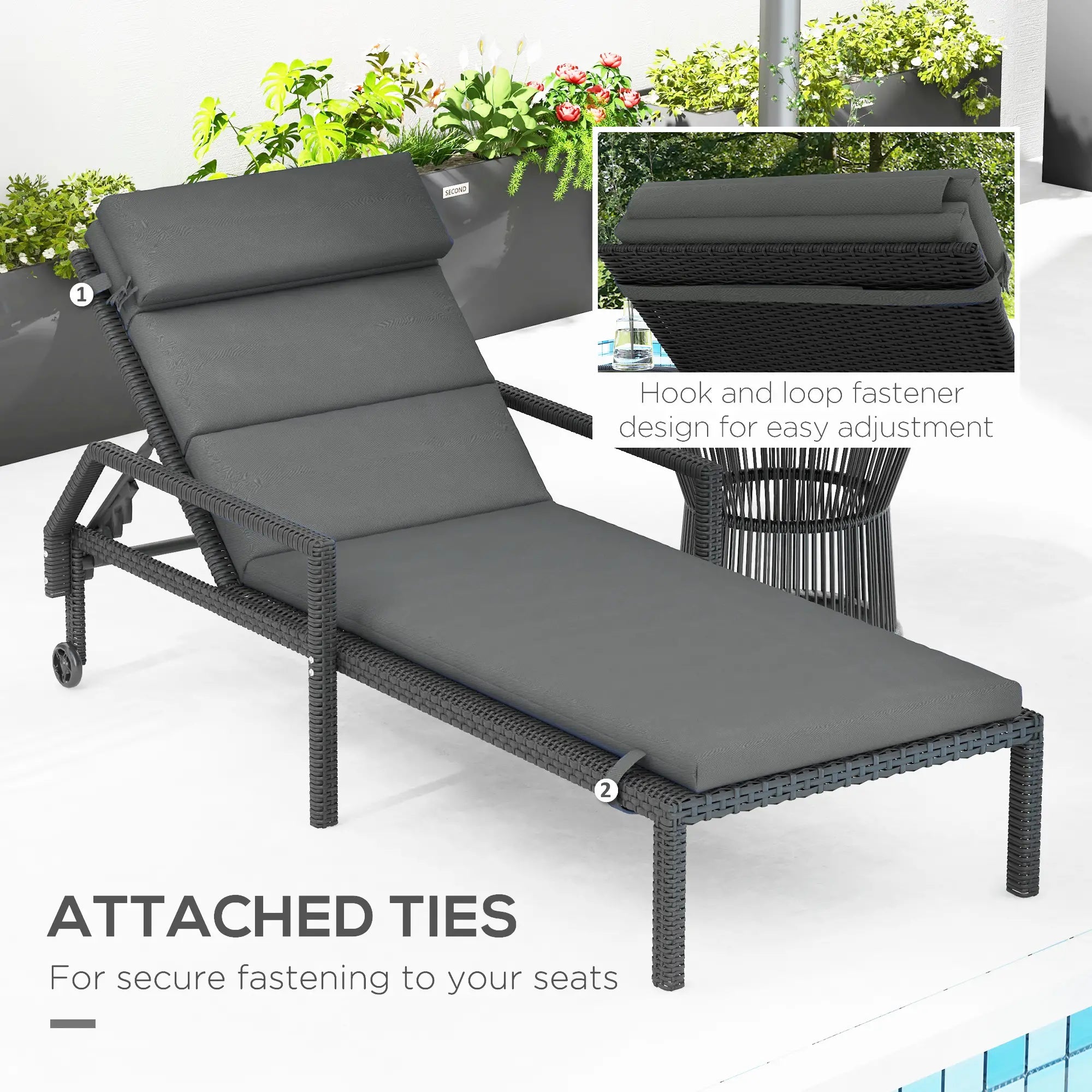 Patio Chaise Lounge Cushions, Headrest, Ties, Set of 2, Grey Patio Chair Cushions at Gallery Canada