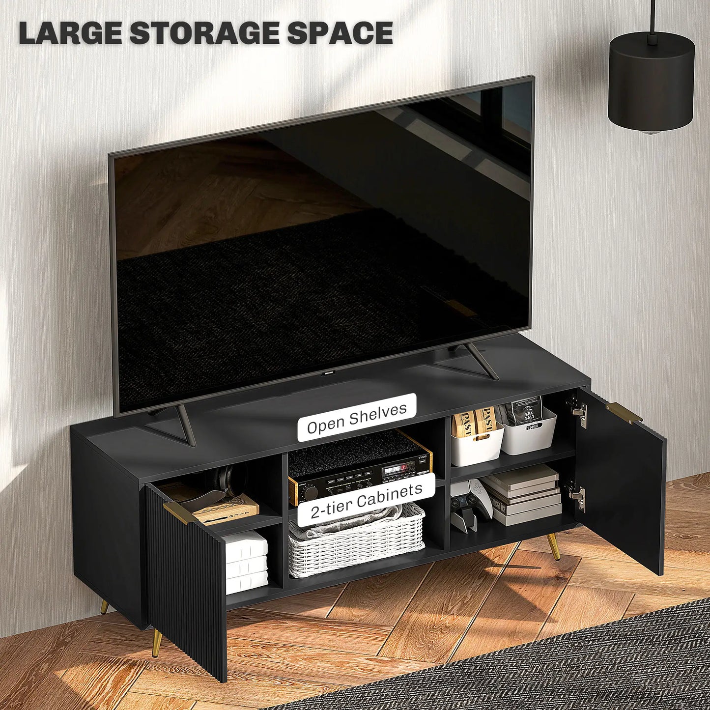TV Stand for 55 Inch TV, Modern Cabinet with Shelves, Black TV Stands at Gallery Canada
