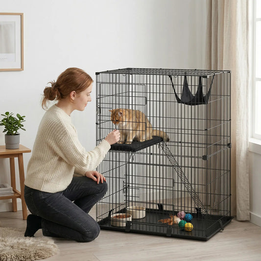 2-Tier Cat Cage Indoor, Detachable Metal Wire Kennel with Hammock, Platform, Tray and Cushion for 1-2 Kittens Cat Houses Black at Gallery Canada