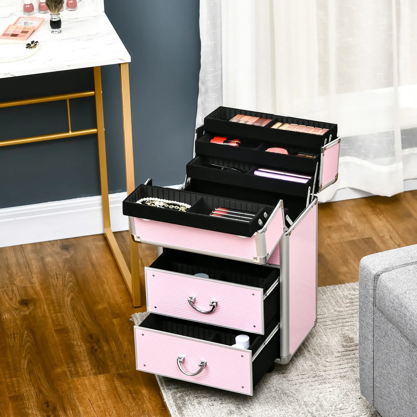 Rolling Makeup Train Case, Large Storage Cosmetic Trolley, Lockable Traveling Cart Trunk with Folding Trays, Swivel Wheels Makeup Cases at Gallery Canada