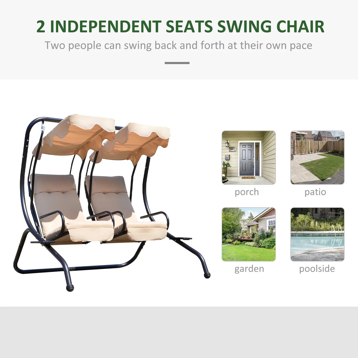 Metal Outdoor Swing Chair, 2 Seater Hammock with Canopy, Beige Patio Swings with Stand at Gallery Canada