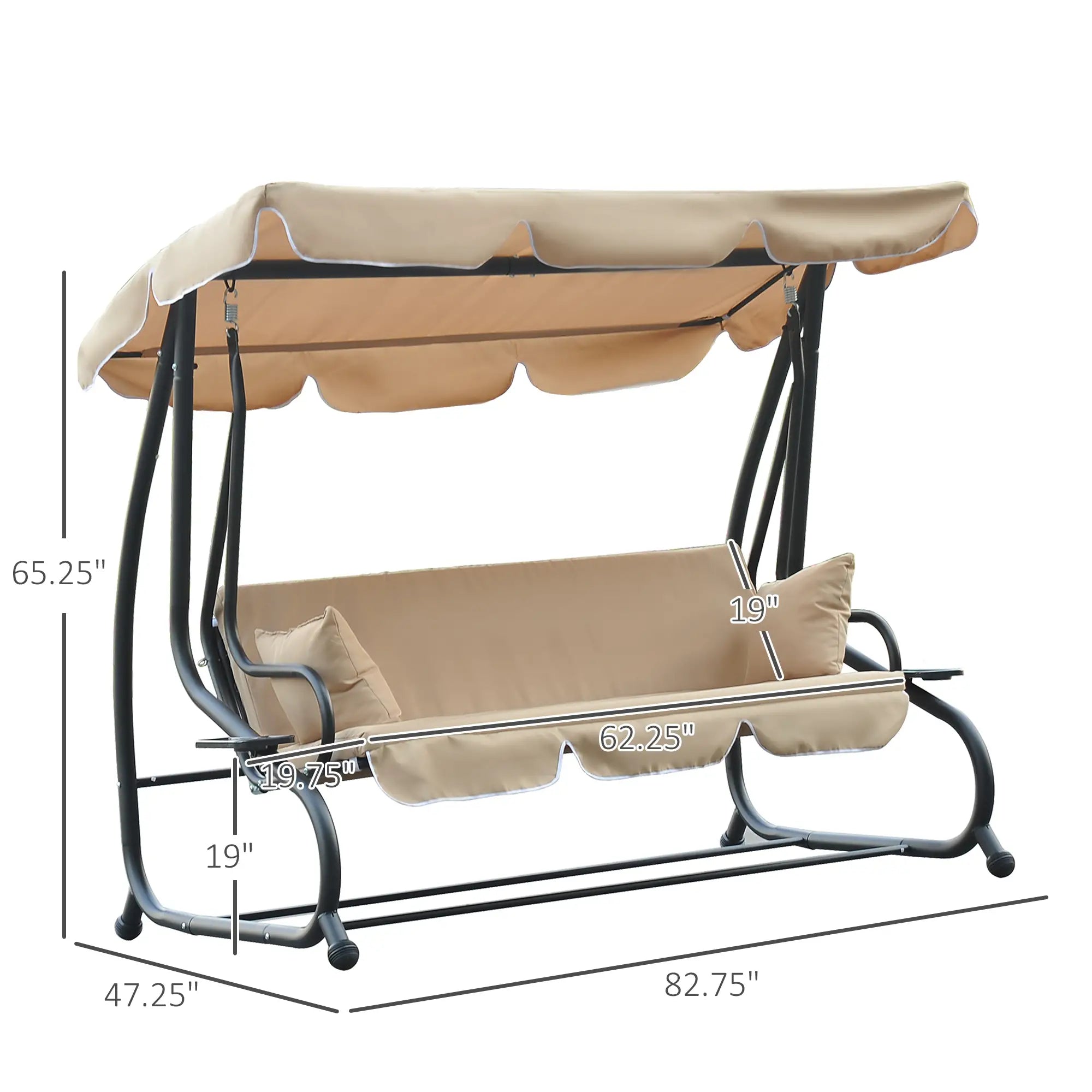 3-Seat Outdoor Swing Chair, Convertible Flat Bed, Adjustable Canopy, Beige Patio Swings with Stand at Gallery Canada