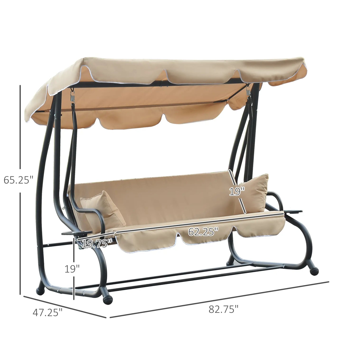 3-Seat Outdoor Swing Chair, Convertible Flat Bed, Adjustable Canopy, Beige Patio Swings with Stand at Gallery Canada