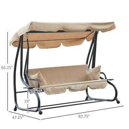 3-Seat Outdoor Swing Chair, Convertible Flat Bed, Adjustable Canopy, Beige Patio Swings with Stand at Gallery Canada