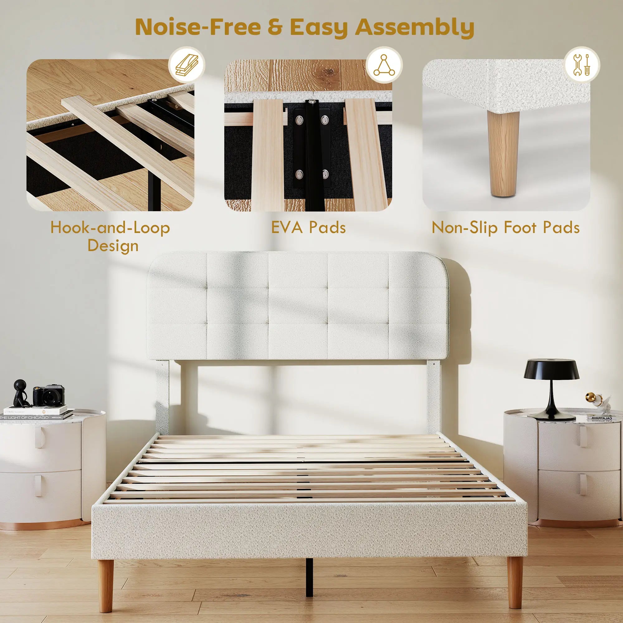 Queen Size Upholstered Platform Bed Frame, Adjustable Headboard, White Bed Frames at Gallery Canada