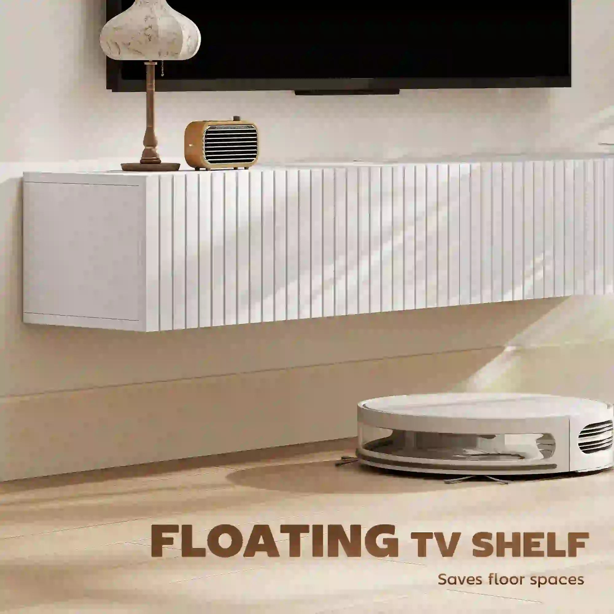 55 Inch Floating TV Stand, Wall Mount Media Console, 2 Fluted Doors, White TV Stands at Gallery Canada