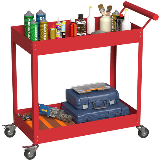 Chariot à outils roulant à 2 niveaux avec roues, Rouge
