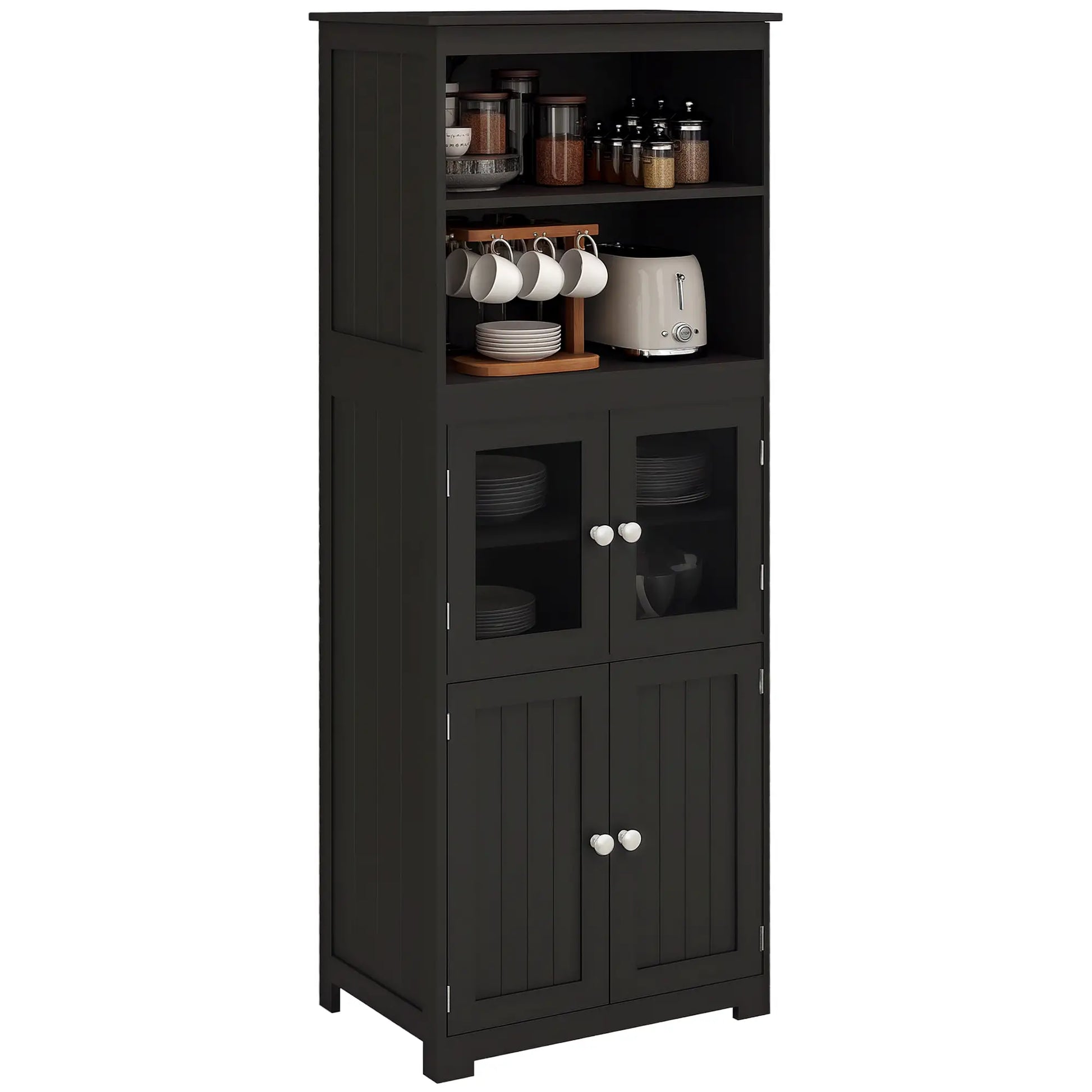 63" Small Buffet with Hutch, 4-Door Kitchen Pantry Cabinet, Black Kitchen Pantry Cabinets at Gallery Canada