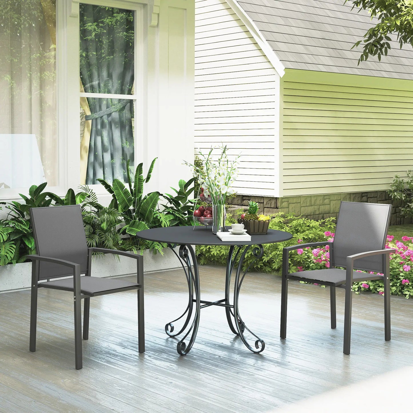 Stackable Outdoor Garden Chairs, Set of 2, Dark Grey Patio Chairs at Gallery Canada