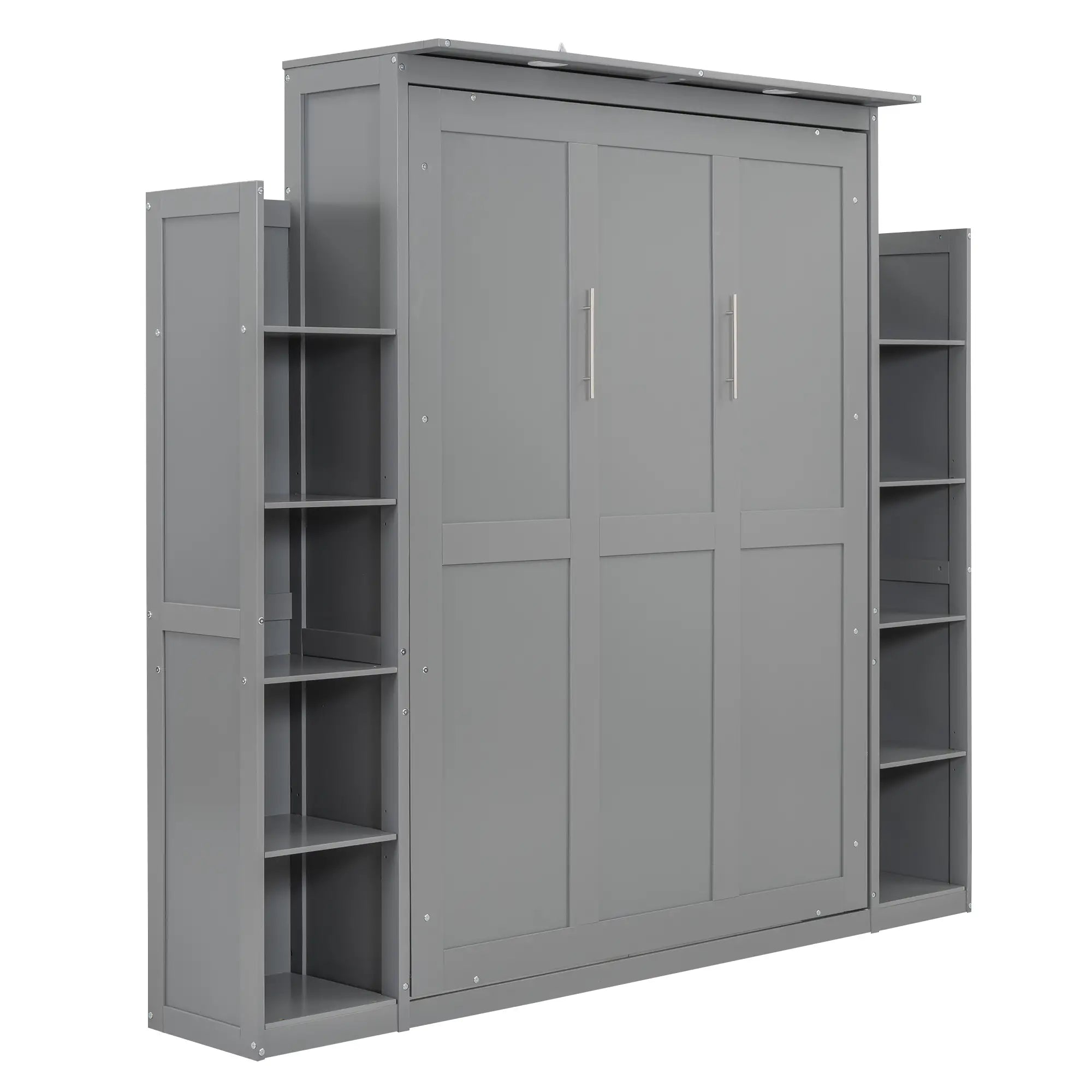 Murphy Bed with Shelves, LED Lights, Space-Saving Wall Bed, 91