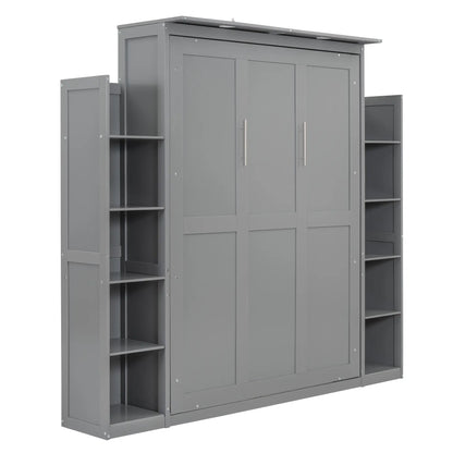 Murphy Bed with Shelves, LED Lights, Space-Saving Wall Bed, 91" L x 81" W x 84" H, Grey Bed Frames at Gallery Canada