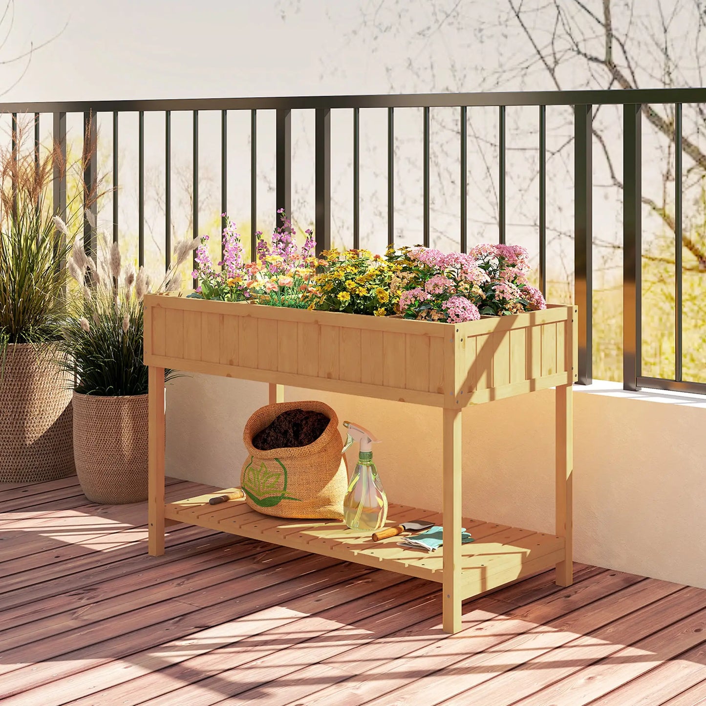 43.25" x 18" x 30" Raised Garden Bed, Wooden Plant Stand, 8 Grid Box, Natural Wood Elevated Garden Beds at Gallery Canada