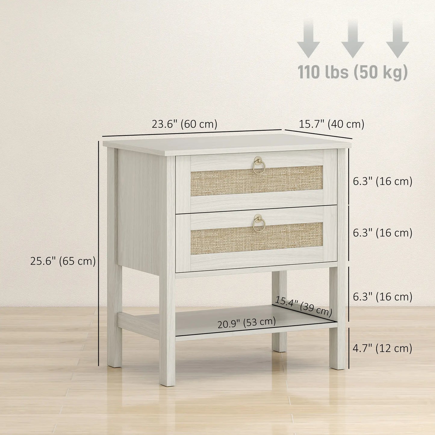 Set Of 2 Rattan Nightstands, 2 Drawers, Storage Shelf, White Oak Bedside Tables at Gallery Canada