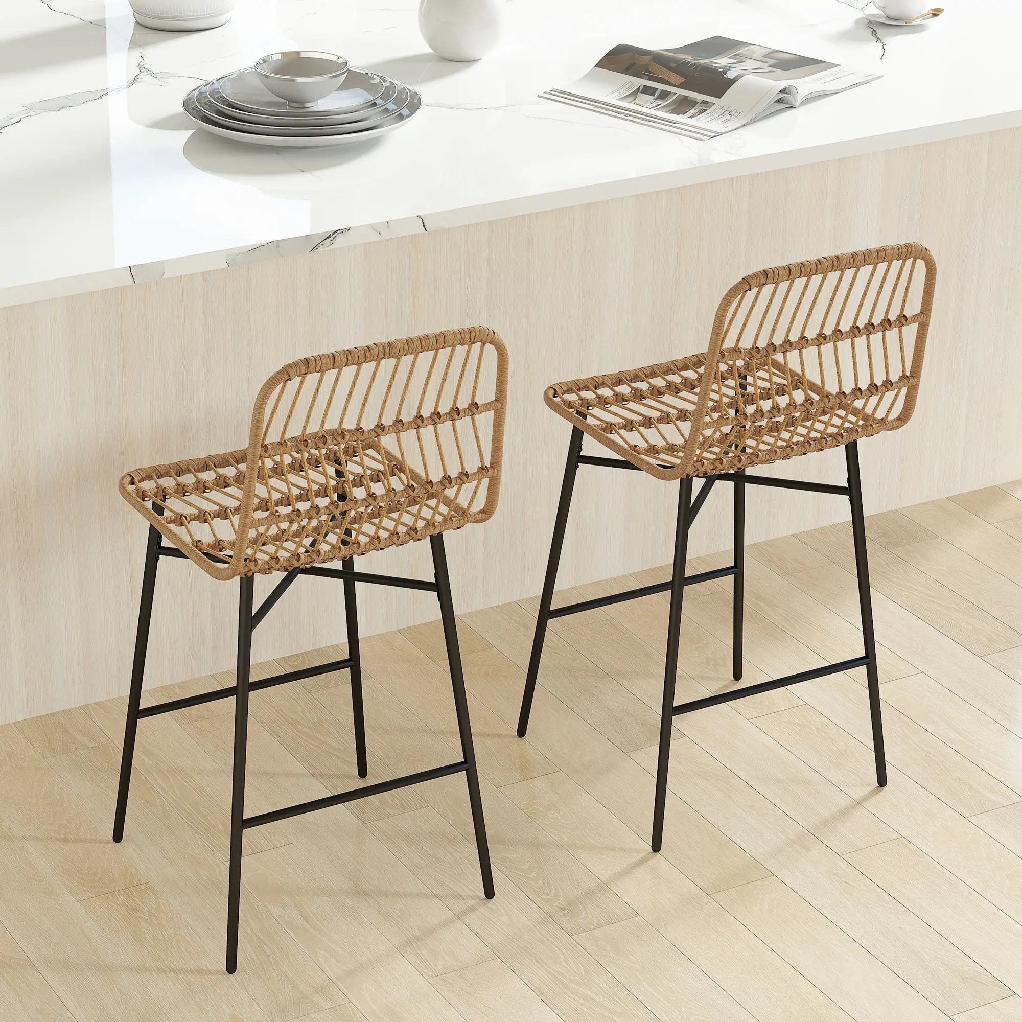 Rattan Counter Height Bar Stools Set of 2, 26